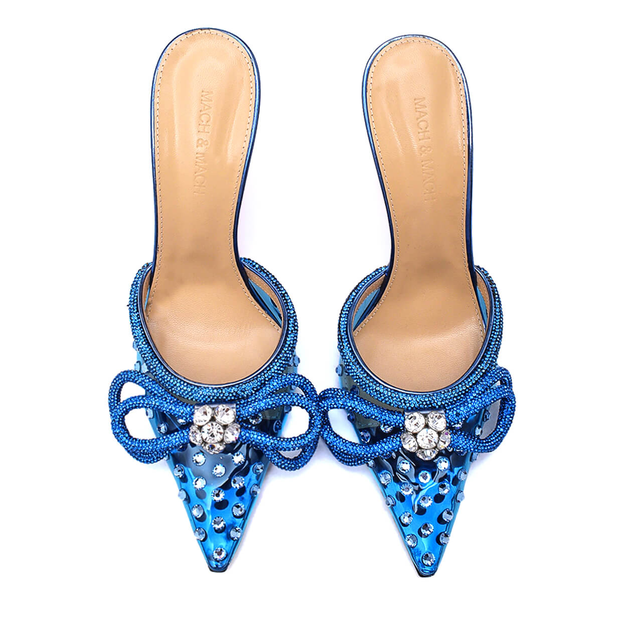 Mach & Mach - Blue Pvc Crystal Embellished Double Bow Mules